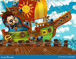 Escena De Caricaturas Con Barco Pirata Atracando En Un Puerto Stock de ...