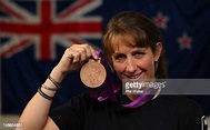 Caroline Powell of New Zealand poses with her medal in Olympic Park ...