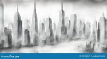 Dibujo a Lápiz De Una Gran Ciudad Moderna Con Rascacielos. Stock de ...