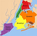 Mapa da Cidade de Nova York bairros - Mapa dos cinco distritos de Nova York (Nova Iorque - EUA)