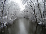 Red Cedar River in winter on the campus of Michigan State University ...