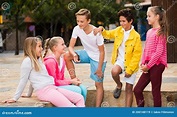 Two Boys and Three Girls are Talking about Play on Walk Stock Image ...