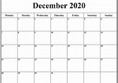 Fillable Calendar of December 2020 Printable Blank Template - Printable ...