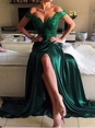 Dark Green Prom Dresses Off-the-shoulder Slit Sexy Prom Dress/Evening ...
