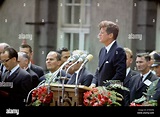 US president John F. Kennedy speaking in front of the city hall ...