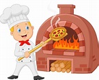 Chef de dibujos animados con pizza caliente con horno tradicional ...
