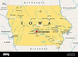 Iowa, IA, mapa político, con la capital Des Moines y las ciudades, ríos ...