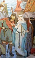Malcolm greeting Margaret at her arrival in Scotland; detail of a mural ...