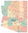 Laminated Map - Large administrative map of Arizona state with roads ...