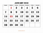 Free Download Printable January 2018 Calendar, large font design ...