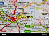 Cheltenham and surrounding areas shown on a road map or geography map ...