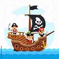Vettoriale Stock Cartoon kids pirate ship sailing sea | Adobe Stock