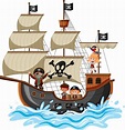 Barco pirata en las olas del océano con muchos niños aislado sobre ...