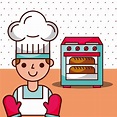 Chef boy cartoon esperando pan en horno al horno | Vector Premium