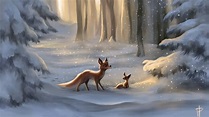 Fox and her son in a snowy forest wallpapers and images - wallpapers ...