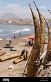 Huanchaco beach near Trujillo, Peru, with caballitos de totora and ...