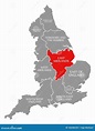 East Midlands Rojo Destacado En El Mapa De Inglaterra Reino Unido Stock ...