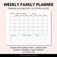 the printable family planner is shown in black and white, with text ...