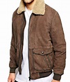 Men's Bomber Brown Leather Jacket with Sherpa Fur Collar - Jackets Creator
