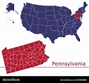 Pennsylvania map counties with usa map Royalty Free Vector