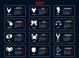 calendario 2023 con signos del zodiaco en un fondo azul. impresión de ...