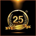 Celebrating 25 years anniversary logo with golden ring and ribbon ...