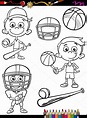 Deporte niño conjunto de dibujos animados para colorear página vector ...