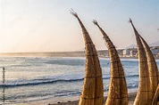 Huanchaco Beach and the traditional reed boats (caballitos de totora ...