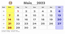 Calendário de maio de 2023 com feriados nacionais fases da lua e datas ...