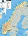 Large detailed physical map of Norway with all roads, cities and ...