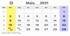 Calendário de maio de 2021 com feriados nacionais fases da lua e datas ...
