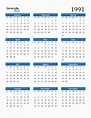 Free 1991 Calendars in PDF, Word, Excel