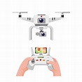 white drone with dual camera. hand holding remote control drone with ...