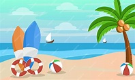 Ilustración de playa de verano de dibujos animados | Vector Premium