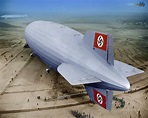 The LZ-129 Hindenburg at Lakehurst Naval Air Station in 1936, colorized ...