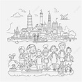 Cartoon Kids On Holiday Coloring Page For Adult Outline Sketch Drawing ...