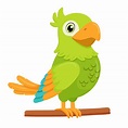 verde loro pájaro en pie en rama. plano dibujos animados personaje ...