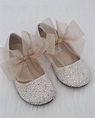 GIRLS SHOES- Champagne Satin With Rhinestone ballet flats with chiffon ...