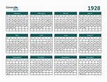 Free 1928 Calendars in PDF, Word, Excel