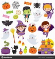 Halloween Clipart Set Cute Cartoon Characters Children Pumpkins Other ...