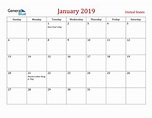 United States January 2019 Calendar with Holidays