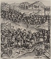 an old drawing of a battle with men on horses