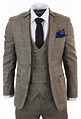 Mens 3 Piece Herringbone Tweed Tan Brown Check Suit Tailored Fit Double ...