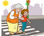 niño Ayudar antiguo mujer.anciana mujer y niño caminando en paso de ...