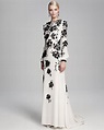 Oscar de la Renta Long-Sleeve Floral-Embellished Gown, Ivory/Black