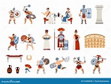 Ancient Rome Citizens and Culture Symbols, Cartoon Vector Illustration ...