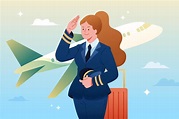 Woman pilot in uniform with suitcase and airplane flying in background ...