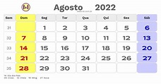 Calendário de agosto de 2022 com feriados nacionais fases da lua e ...