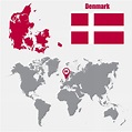 Mapa De Dinamarca En Un Mapa Del Mundo Con El Indicador De La Bandera Y ...