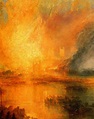 an oil painting of a fire burning over a body of water with boats in ...